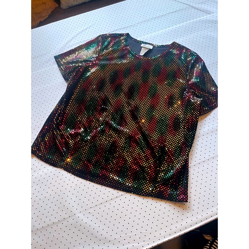 Kathie Lee Collection Vintage Y2K Metallic Disco Top Multicolor Foil Dot Blouse - Picture 2 of 8